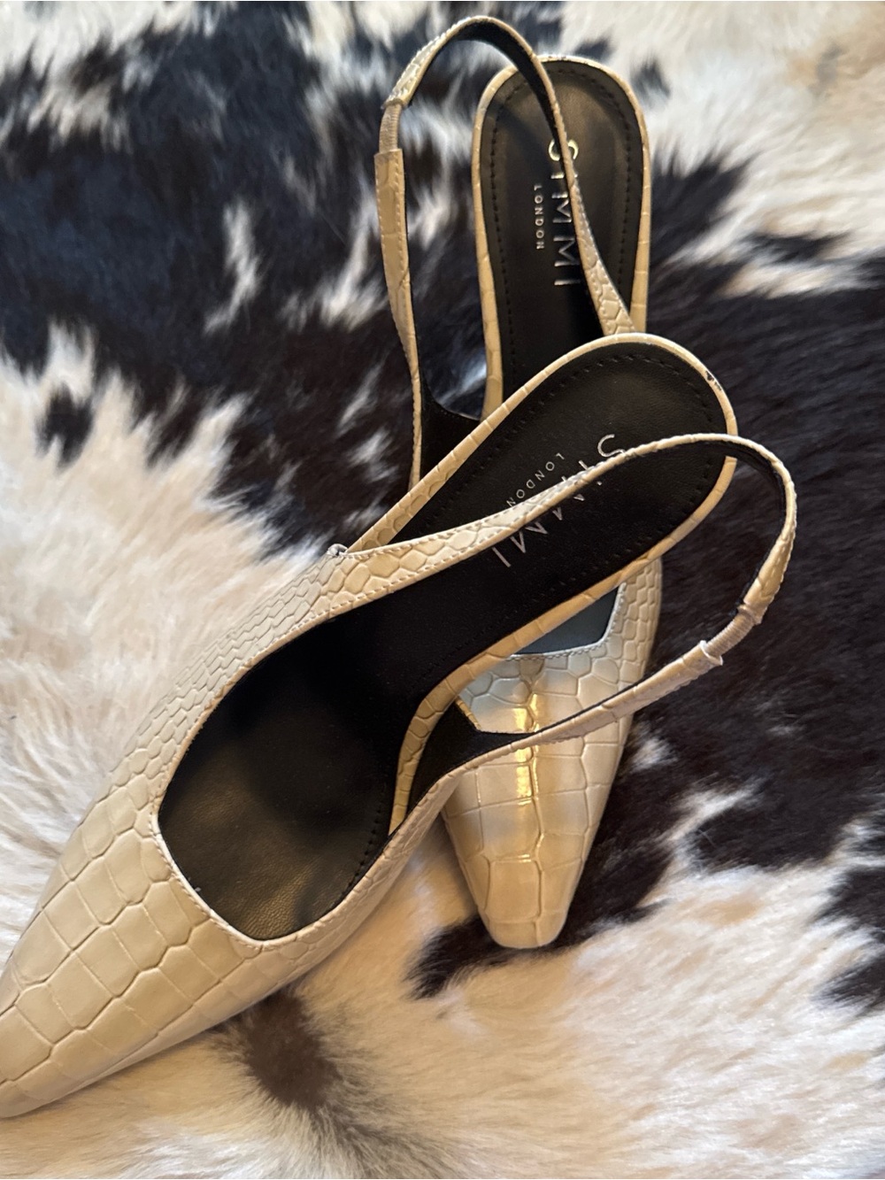 Cream Croc-Embossed Slingback Heels